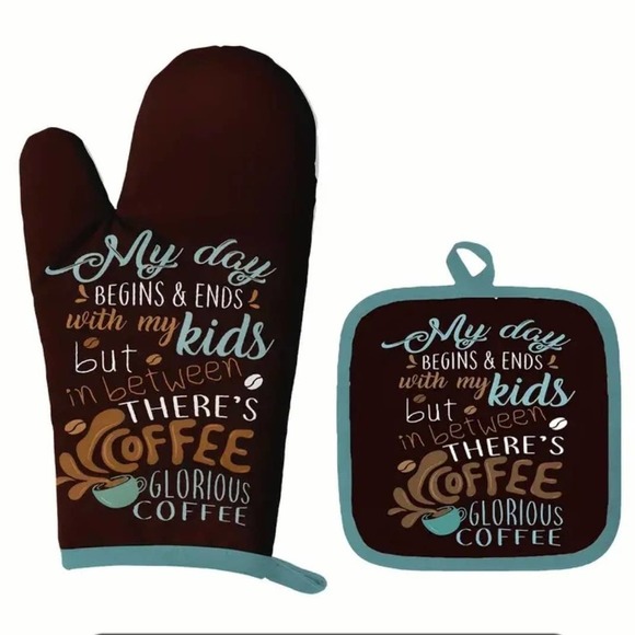 Kids and Coffee Oven Mitt And Pot Holder Set Mom needs coffee blue teal - Picture 1 of 3